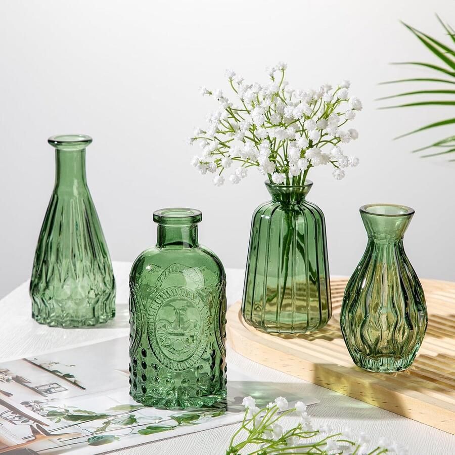 Vazen set van 20 groene glazen vazen voor bloemen mini vintage flesvazen voor bloemstukken decoratieve kleine vazen in bulk voor bruiloft tafeldecoratie thuis
