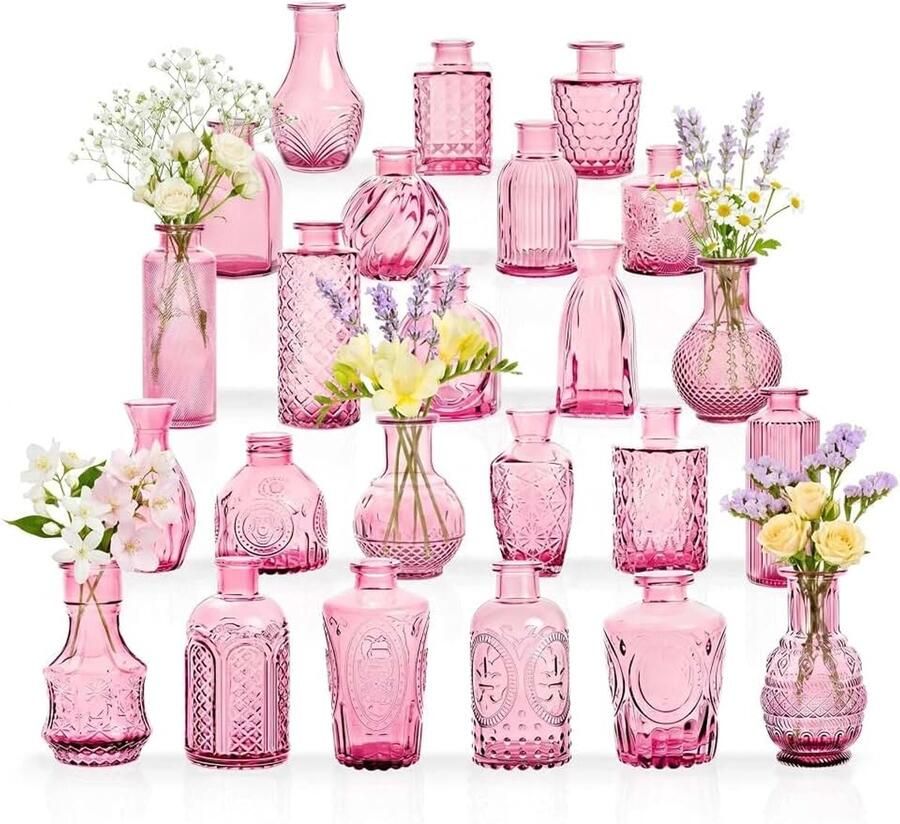 Vazen set van 24 voor tafeldecoratie bruiloft receptie thuis vintage flessen transparant decoratieve glazen vazen met deksels (24 roze-oranje)