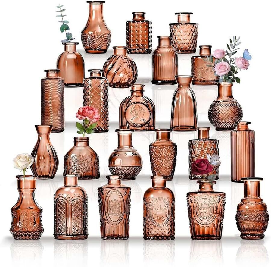 Vazen set van 24 voor tafeldecoratie bruiloft receptie thuis vintage flessen transparant decoratieve glazen vazen met deksels (24 barnsteen)