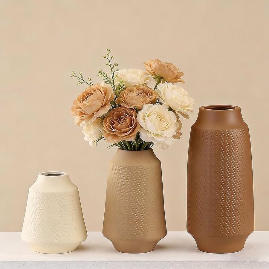 Vazen set van 3 moderne Boheemse boerderijdecoratie moderne boerderijdecoratie voor woonkamer tafel plank entree. (Bruin kaki beige)
