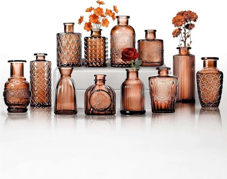 Vazen vintage stijl met structuurpatroon voor bloemen en woondecoratie (amber 12 stuks)