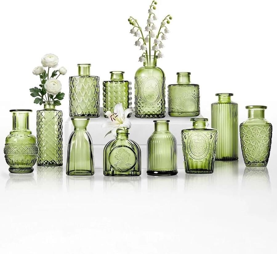 Vazen vintage stijl met structuurpatroon voor bloemen en woondecoratie (groen 12 stuks)