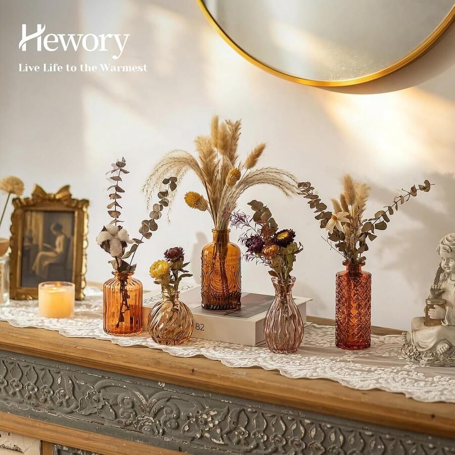 Vazen voor tafeldecoratie herfstdecoratie: 5 vintage vazen set amberkleurige glazen vaas voor herfstdecoratie binnen herfstkleur vaas glas bloemenvaas mini vazen voor herfst decoratie