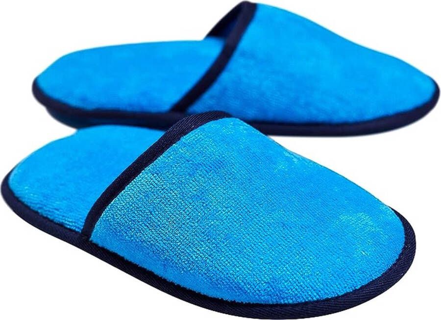 Velour Badstof slippers zonder siliconen noppen 100% biologisch katoen hotelslippers pantoffels dames en heren één maat gesloten blauw marineblauw