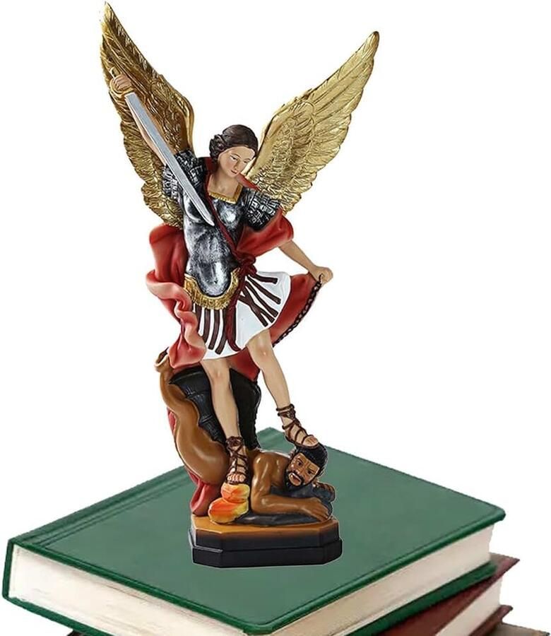 Verslaat Satan Standbeeld St. Michael Aartsengel Gekleurd Standbeeld Aartsengel verslagen trappelt demonenbeeld