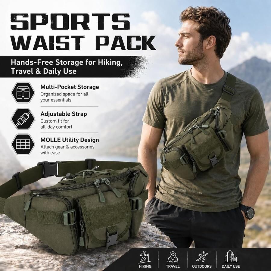 Verstelbare Heuptas voor en Lichtgewicht Outdoor Tas voor Wandelen Fietsen en Reizen Groen Maat L Modern Design