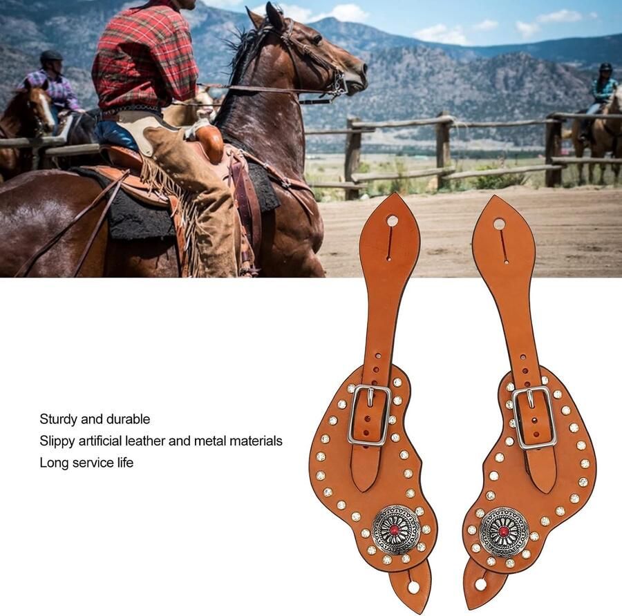 Verstelbare leren sporband met vintage stijl en strass voor paardensport laarzen 9 3 inch 2-pack bruin duurzaam en stijlvol