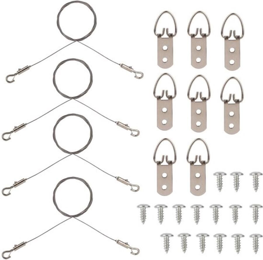Verstelbare ophangdraadset voor schilderijen met 4 draden 8 d-ringen en 16 schroeven geschikt voor het veilig ophangen van spiegels en lijsten tot kg