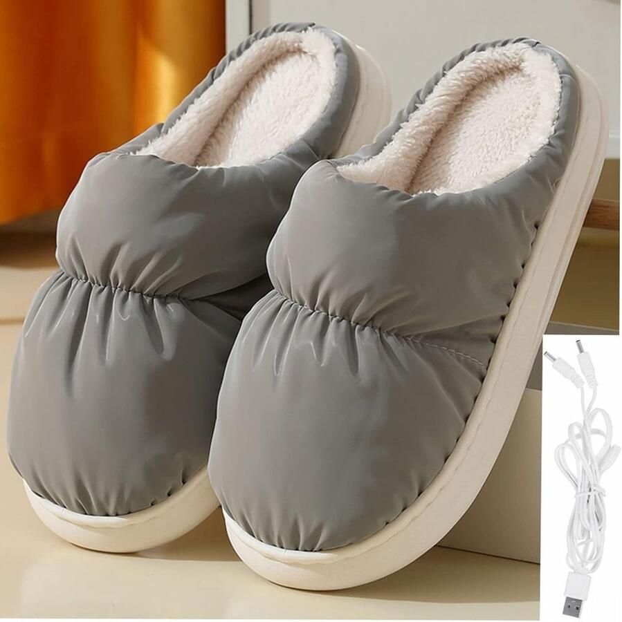 Verwarmde USB Slippers met Zachte Binnenvoering en Antislip Onderkant voor Thuis of Auto Grijs Comfort Warmte Relaxatie