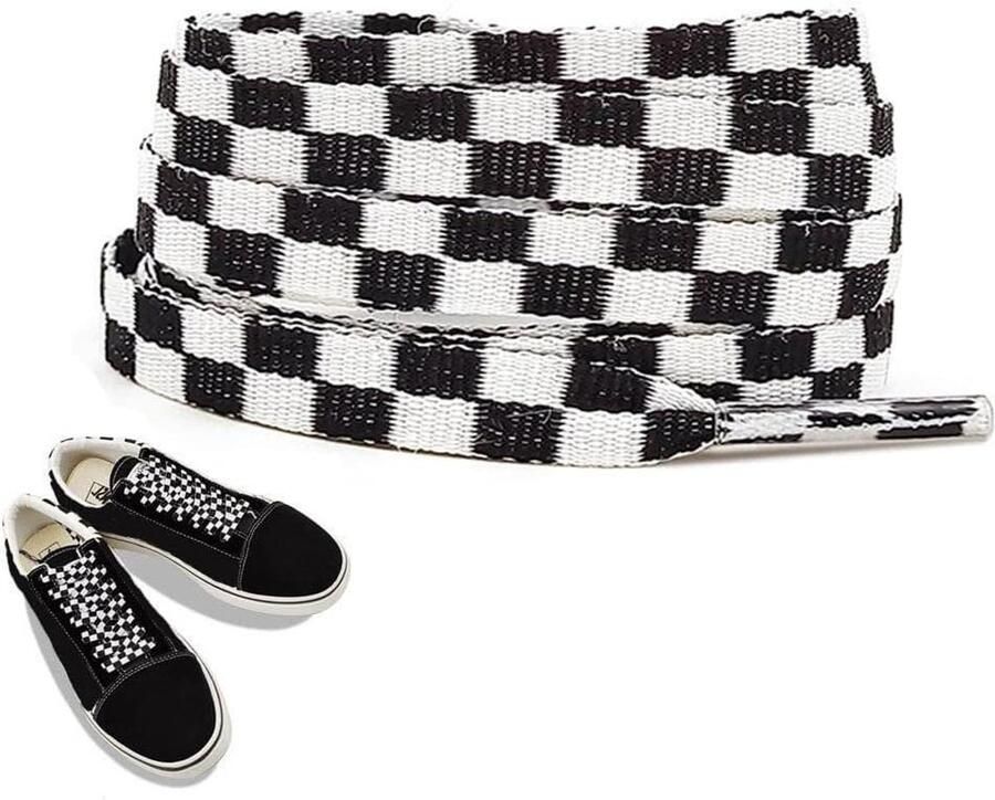 Veters Plaid Atletisch Schoenveters Platte Schoenen Decoratie Stijlvol Breed Ontwerp Breed 8mm Zwart
