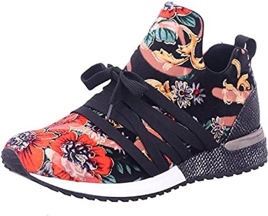 Veterschoen Dames in Zwart-Combi van Textiel en Synthetisch Materiaal