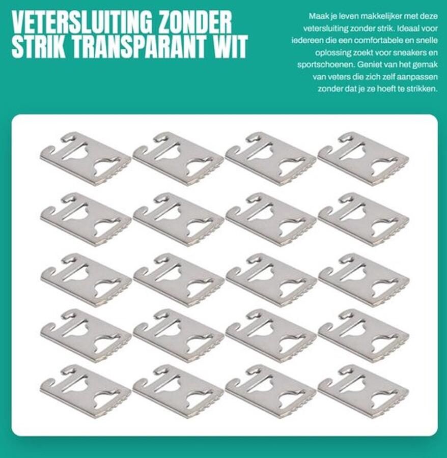 Vetersluiting zonder strik Veterclip 20 stuks Kunststof Transparant wit Comfortabele ervaring Schoenveters