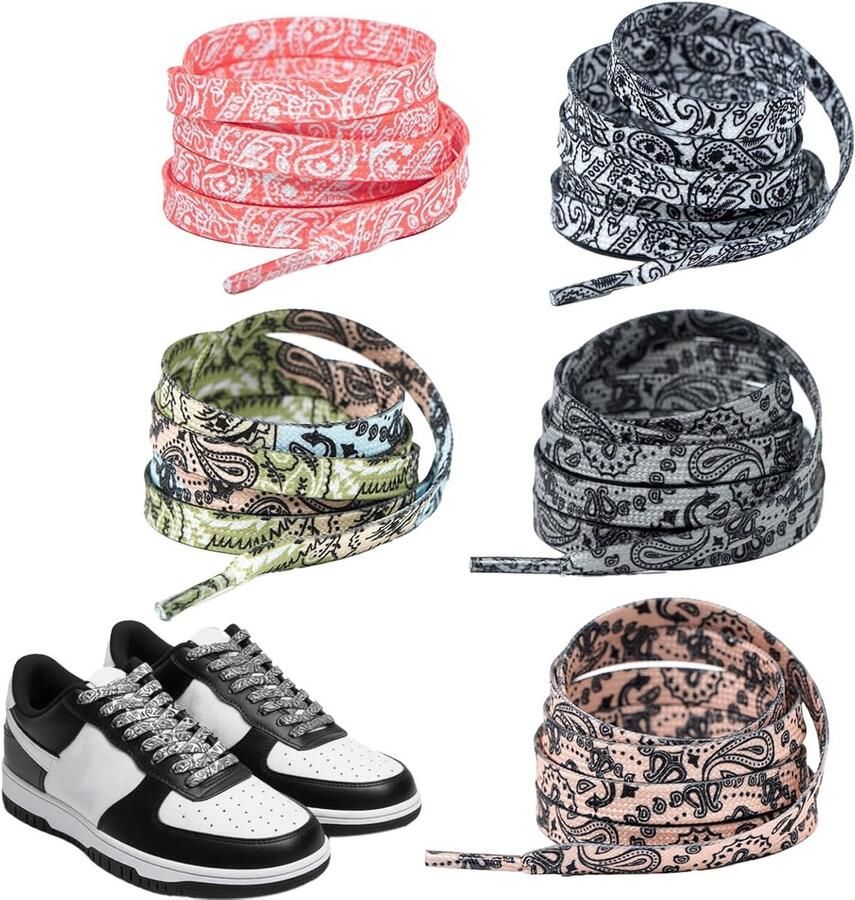 Vijf paar platte veters van 8 mm in kleurrijke paisleydesign ideaal voor sneakers sportschoenen en hardloopschoenen