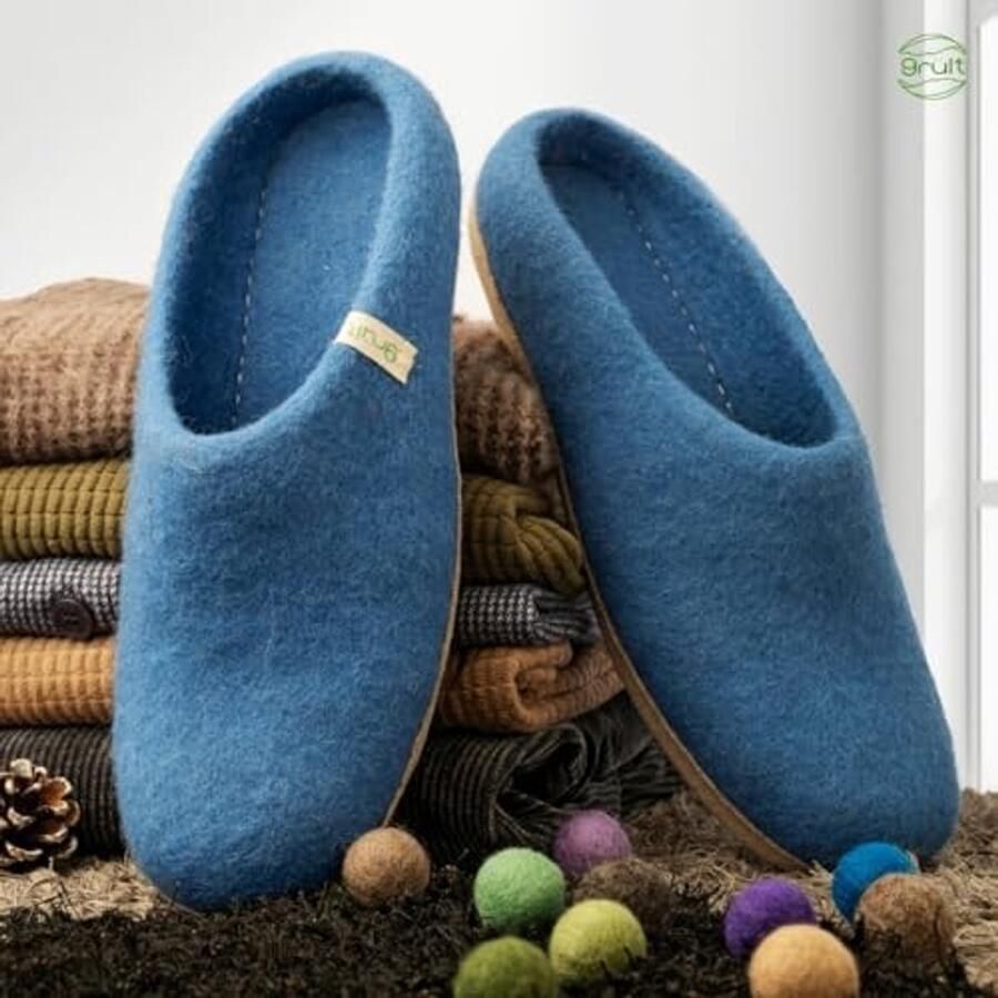 Vilt Slippers Blauw 41 Van Schapenwol met Leren Zool