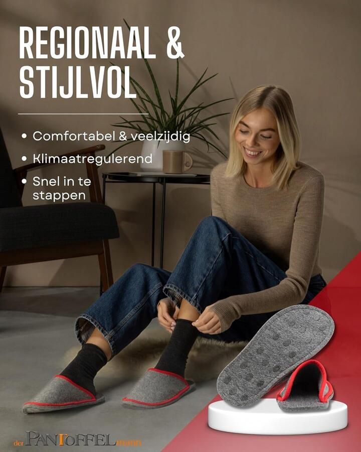 Vilten pantoffels met ABS-zool I Erwt Rood I ??47 I 30% wol I Ademend en warm I Antislip en comfortabel I Unisex