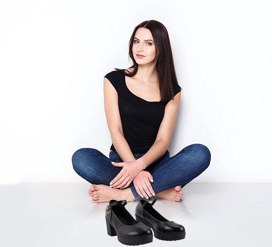 Dames Vintage Platform Hakken met Dikke Zool en Enkelbandje Ronde Pumps in Zwart
