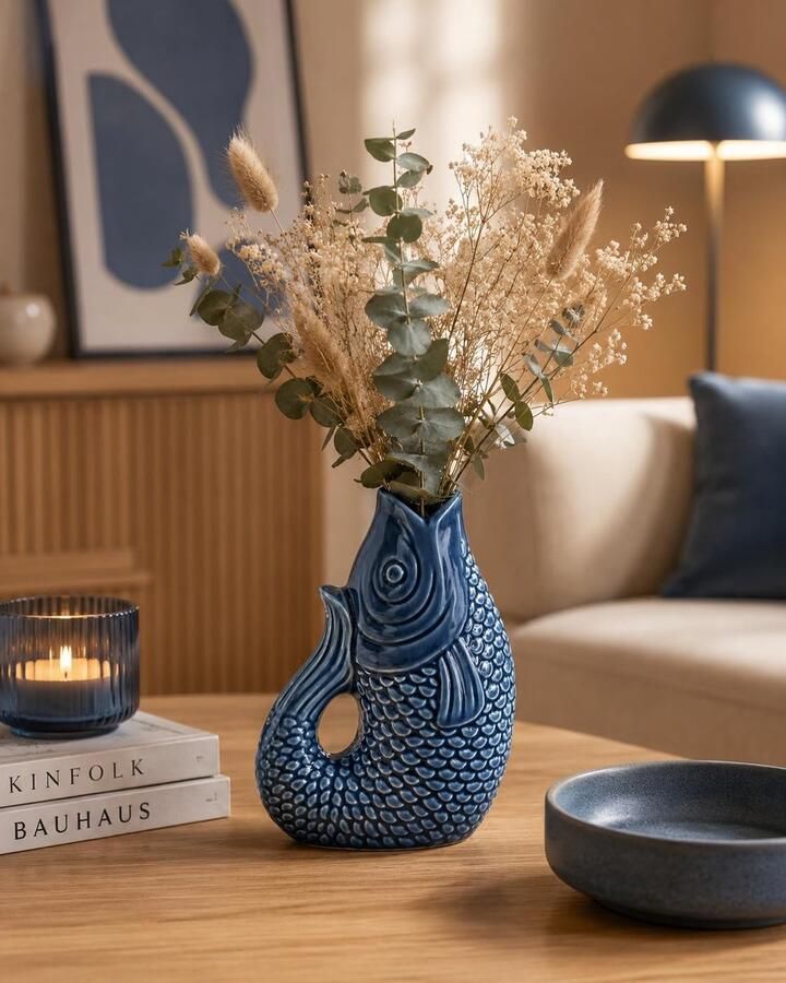 Visvaas decoratief van aardewerk keramiek symbool van overvloed afmetingen (blauw)