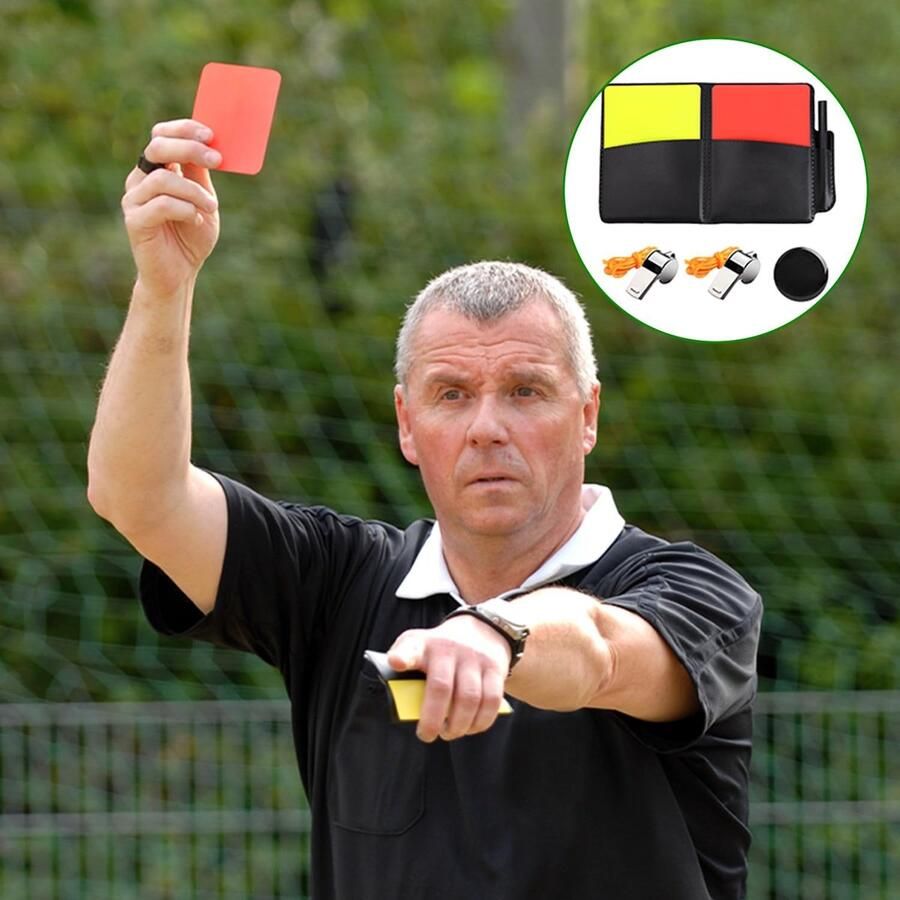 Voetbalscheidsrechter kaartenset bevat rode gele pv kaarten 2 trainersfluiten kaartenmap met verslagbladen pen draagbare trainermap voor verenigingen scholen trainers