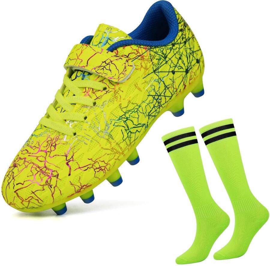 Voetbalschoenen kinderen 37 EU firm ground limoen met voetbalsokken optimale grip ShopVlot
