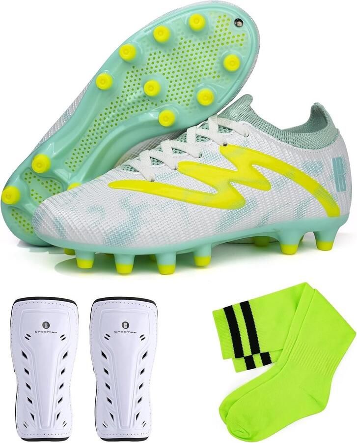 Voetbalschoenen Wit Groen 37 EU Voetbalschoenen met Scheenbeschermers en Voetbalsokken Voor en