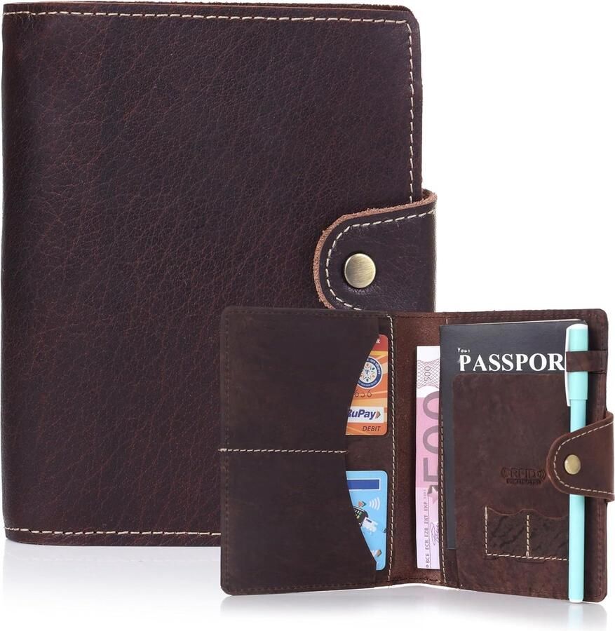 Volledig nerf lederen paspoorthouder minimalistische RFID Travel Wallet Snap Bifold 1-2 paspoorthoes Credit Card Pen Slot Simkaarthouder Boarding Paspoort Buitenvak x Lichtbruin