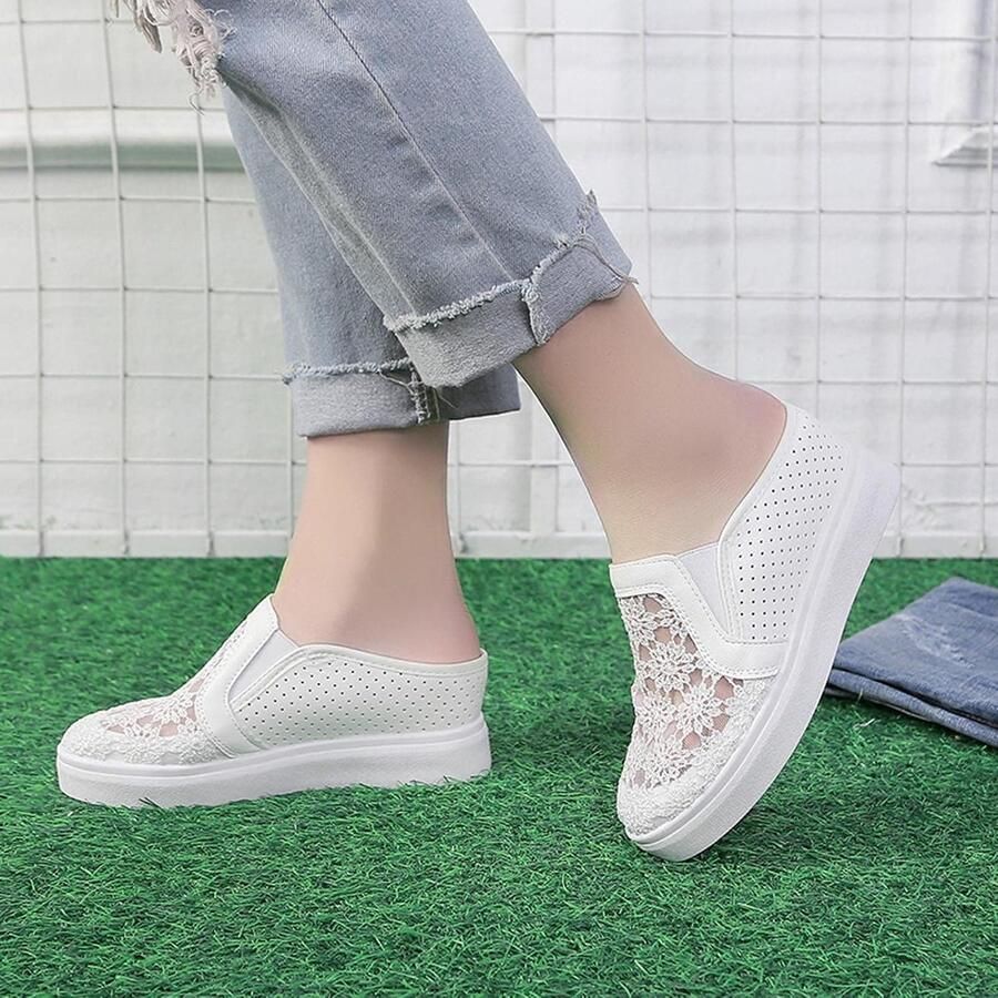 Vrijetijdsschoenen voor dames slip-on pantoffels leer gesloten wandelschoenen mesh ademend lage schoenen plateau outdoorschoenen slijtvast platte schoenen zacht antislip trekkingschoenen