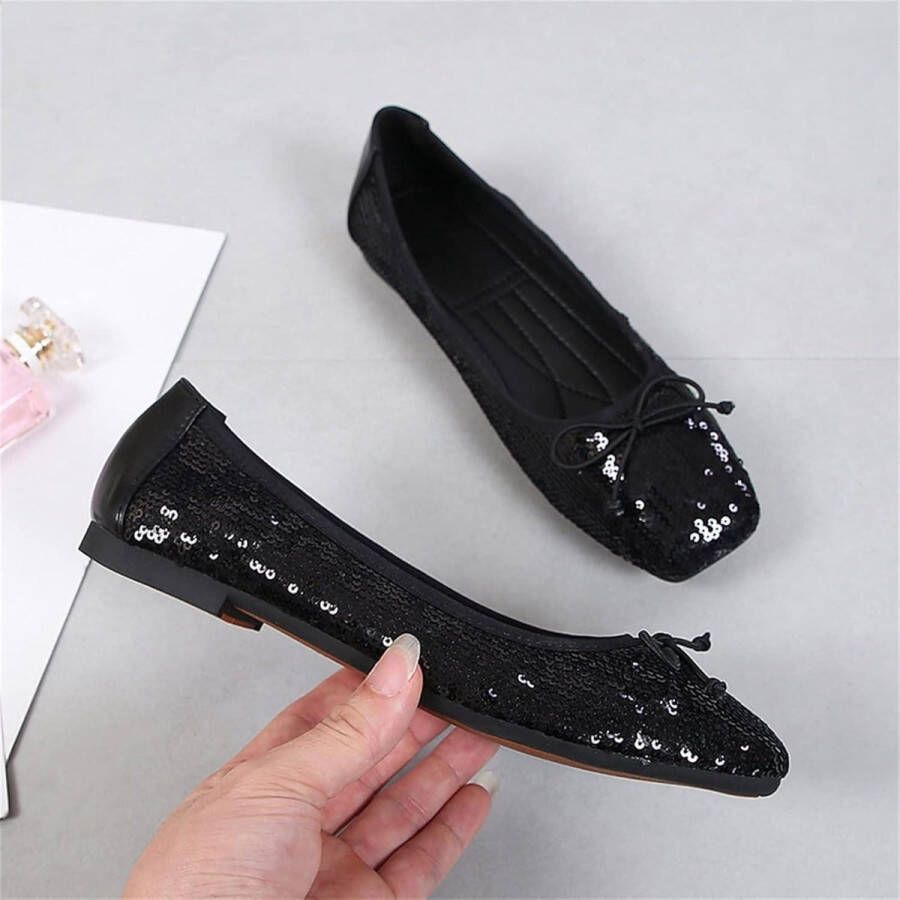 Vrouwen Ballerina Flats Casual Vierkante Teen Sparkly Pailletten Slip Op Pumps Dolly Schoenen Zwart
