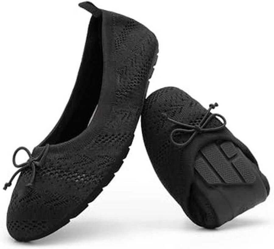 Vrouwen Ballerina Schoenen Vouwbare Flats met Strik Ronde Neus Comfortabele Lichte Loafers Gebreide Jurkschoenen Zwart 39.5