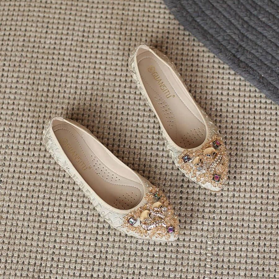 Vrouwen Ballet Flats Strass Outdoor Bruiloft Ballerina Schoenen Opvouwbare Sparkly Comfort Slip Op Platte Wandelschoenen voor Dames Abrikoos Vos Hoofd