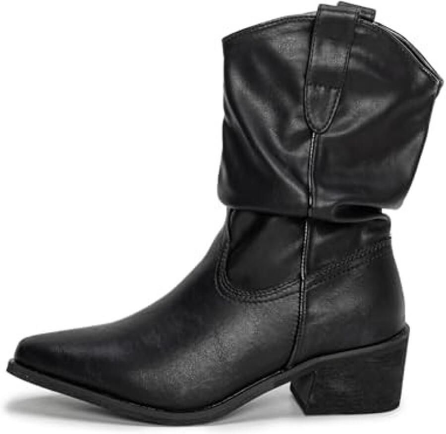 Vrouwen Cowgirl Laarzen Mid Kalf Chunky Heel Zwart