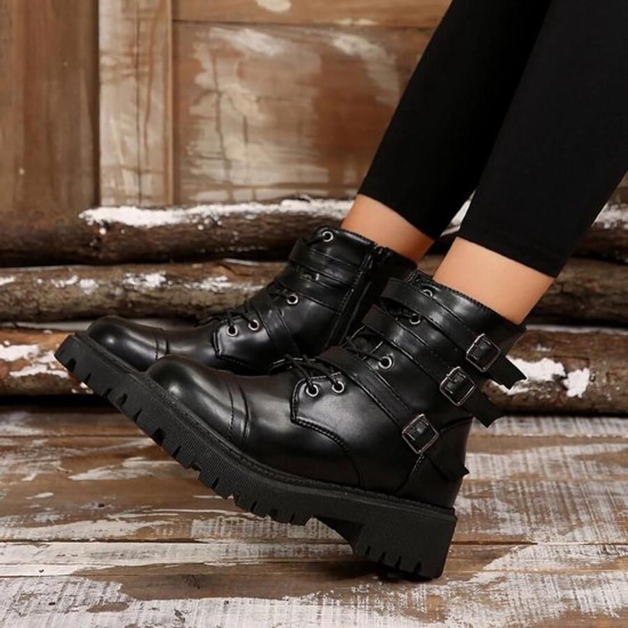 Vrouwen Enkellaarzen Dames Laarzen Side Rits Zwart Combat Walking Boots Platform Lederen Werklaarzen Geschikt voor Veterlaarzen Platform Lederen Booties