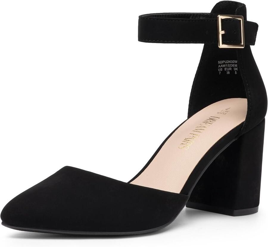 Vrouwen gesloten puntige teen hoge dikke hakken pumps enkelband jurk schoenen voor bruiloft kantoor feest