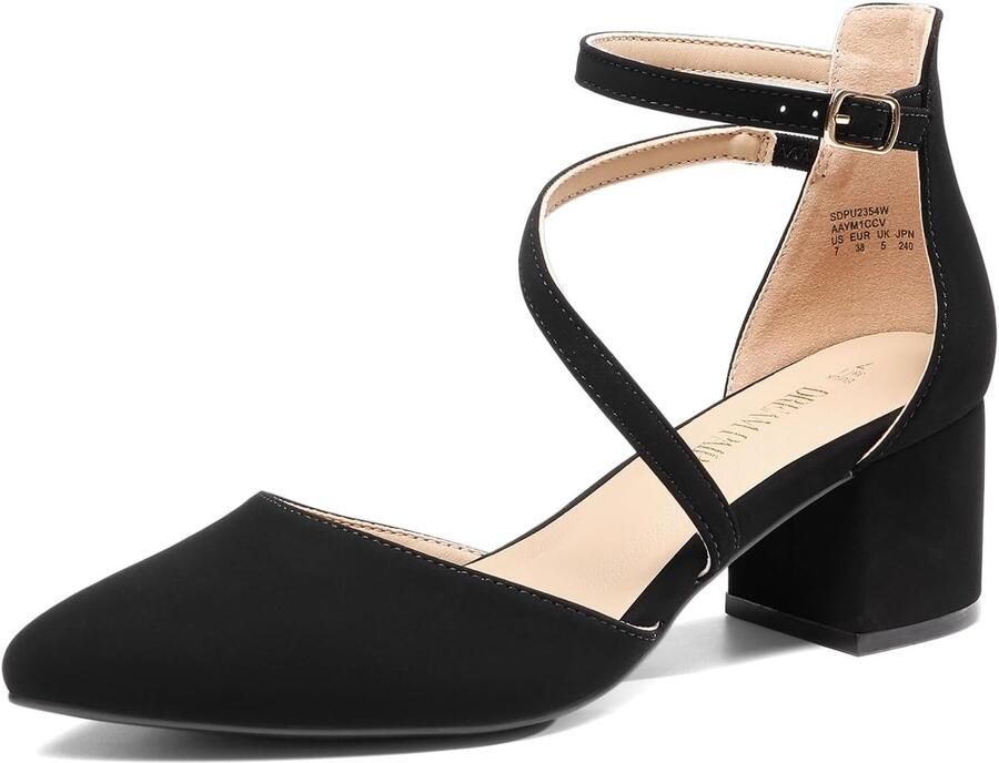 Vrouwen Gesloten Spitse Teen Lage Chunky Hakken Pumps Enkelband Bruiloft Business Dressy Schoenen