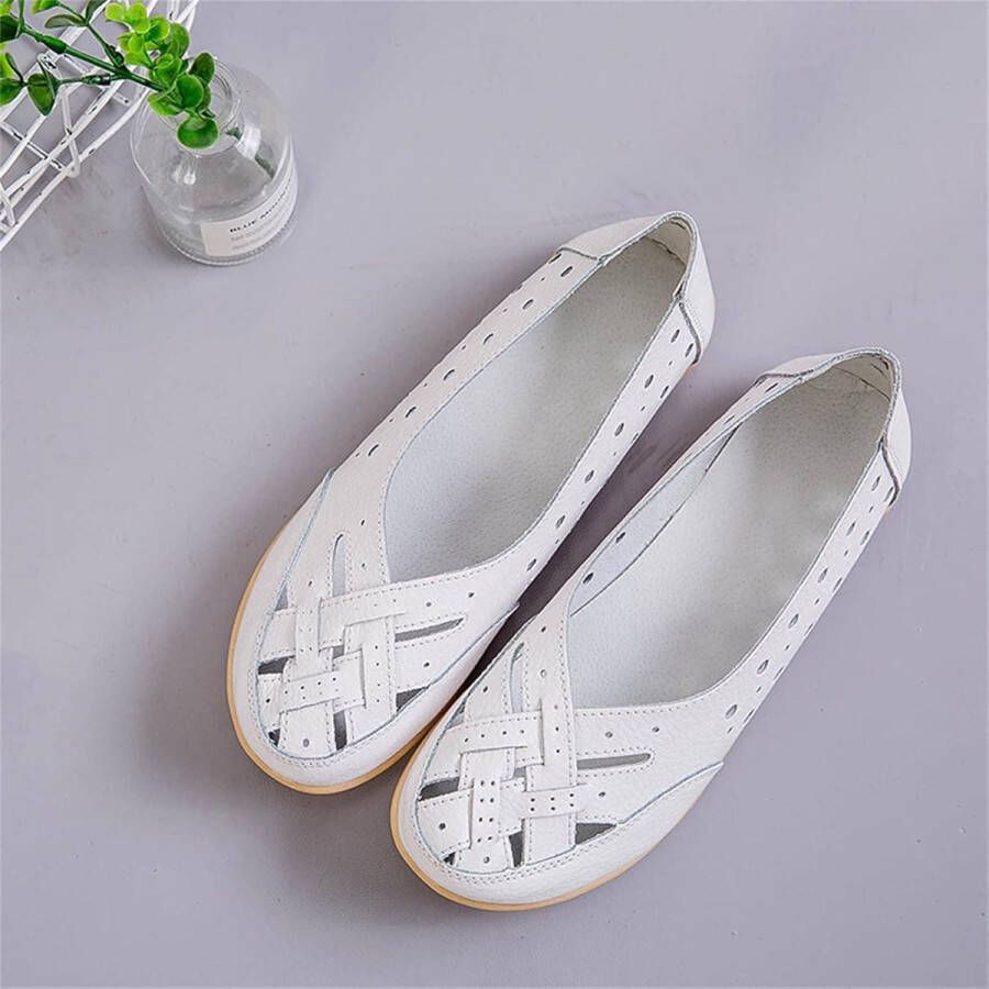 Vrouwen Hollow Out Comfortabele Leren Loafers Casual Ronde Teen Mocassins Rijden Flats Wit