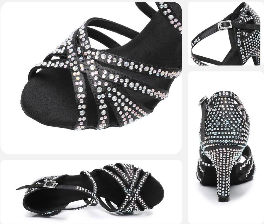 Vrouwen Latin Dance Strass Schoenen Zachte Bodem Moderne Pole Dance Ballroom Dance Bruiloft Schoenen 5 Hoge Hak Latijnse Schoenen voor Meisjes Dames Zwart hak 36.5