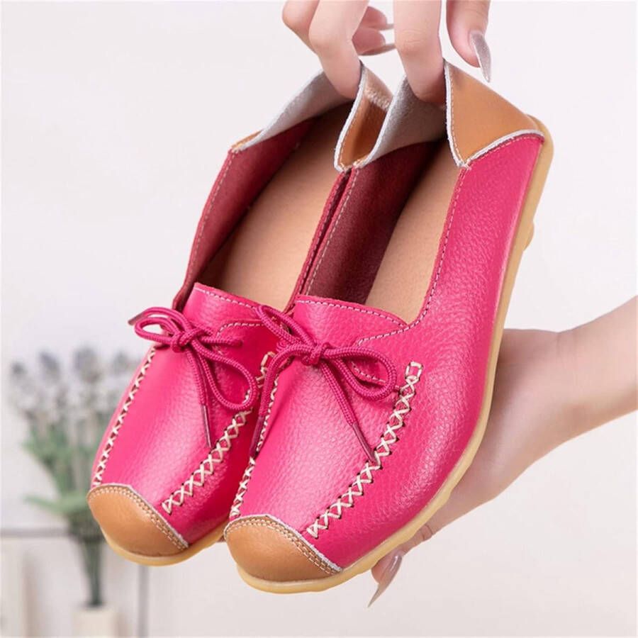 Vrouwen Lederen Mocassins Casual Ronde Teen Loafer met Zachte Platte Zool Slip On Rijden Schoenen Roosrood