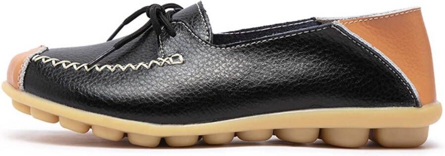Vrouwen Lederen Mocassins Casual Ronde Teen Loafer Schoenen Zwart EU Comfortabele Platte Boot Schoenen met Slip-op Ontwerp voor Rijden