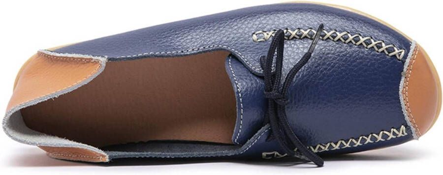 Vrouwen Lederen Mocassins Casual Ronde Teen Loafer Zachte Platte Boot Schoenen Slip On Marineblauw EU Comfy Dames Schoeisel voor Dagelijks Gebruik