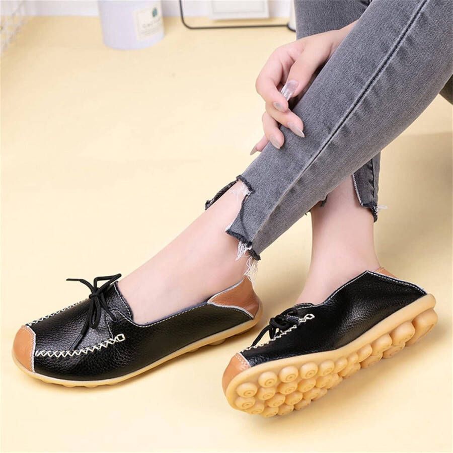 Vrouwen Lederen Mocassins Casual Ronde Teen Loafer Zachte Platte Boot Schoenen Slip On Rijden Zwart