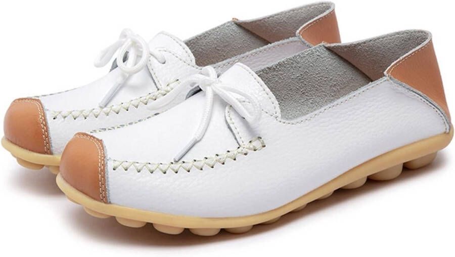 Vrouwen Lederen Mocassins Casual Ronde Teen Loafer Zachte Platte Boot Schoenen Wit EU Slip On Rijden Schoenen