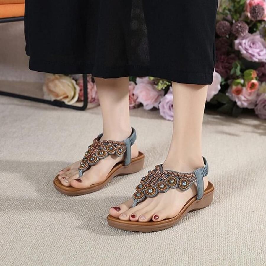 Vrouwen Sandalen Zomer Elastische Rug Riem Thong Enkel Bohemian Kralen Plat Grijs 40.5