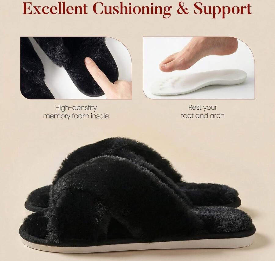 Vrouwen Slippers Pluizige Slippers Memory Foam Cross Band Harige Open Teen Slippers Gezellige Pluche Thuis Schoenen Indoor Outdoor Anti-Slide Slipper
