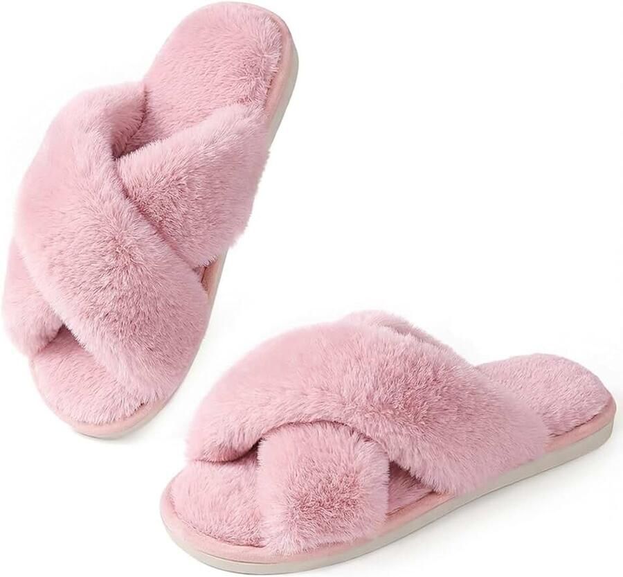 Vrouwen Slippers Pluizige Slippers Memory Foam Cross Band Harige Open Teen Slippers Gezellige Pluche Thuis Schoenen Indoor Outdoor Anti-Slide Slipper