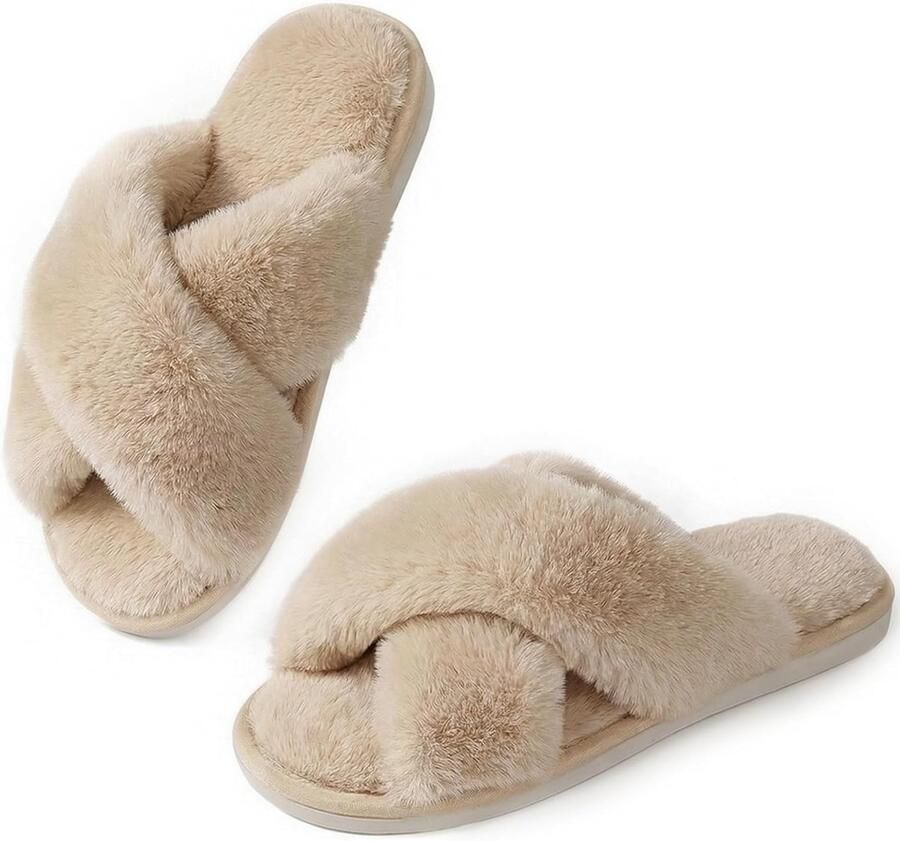 Vrouwen Slippers Pluizige Slippers Memory Foam Cross Band Harige Open Teen Slippers Gezellige Pluche Thuis Schoenen Indoor Outdoor Anti-Slide Slipper