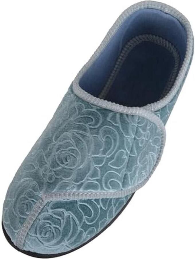 Vrouwen Velours Bloemen Slip On Sloffen met Touch en Close Fastening Indoor Schoenen Turkoois