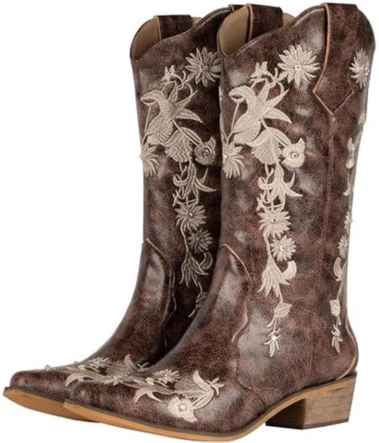 Vrouwen Western Country Bruine Cowgirl Cowboy Laarzen met Bloemen Borduurwerk en Steentjes