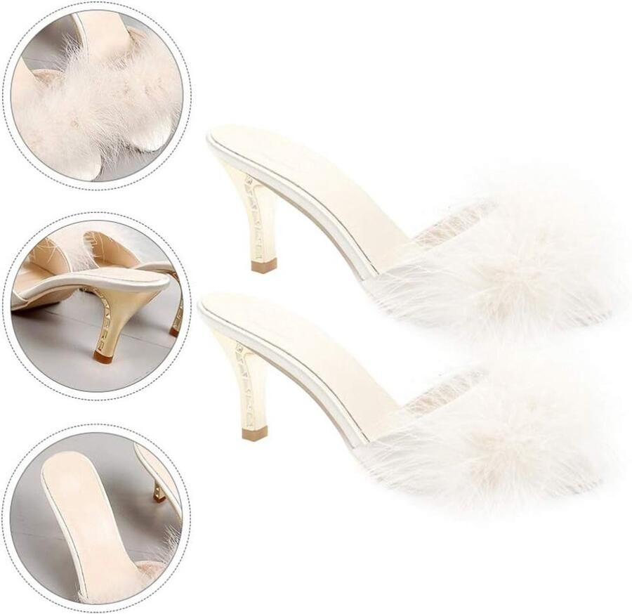 Vrouwen Witte Faux Fur Kittens Hak Zomer Sandalen Mules Slip On Open Rug Backless Sexy Lage Hakken Fuzzy Slippers Sandalen voor Feest en Casual Gebruik