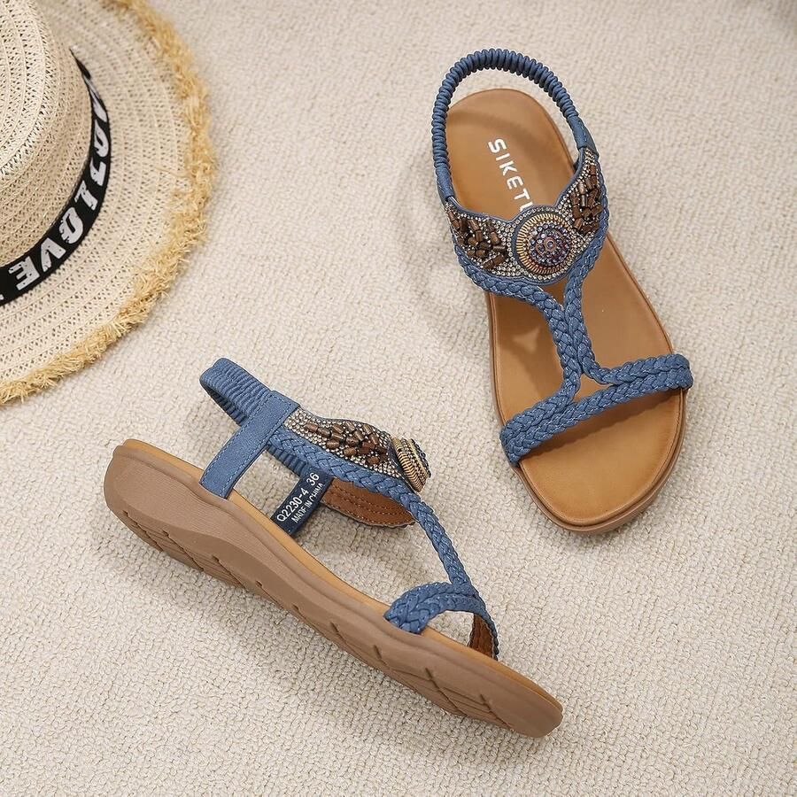 Vrouwen Zomer Sandalen Casual Comfortabel Blauw Sparkly Strass Enkel T-Strap Elastische Terug Plat Slip On Geschikt voor Vrouwen