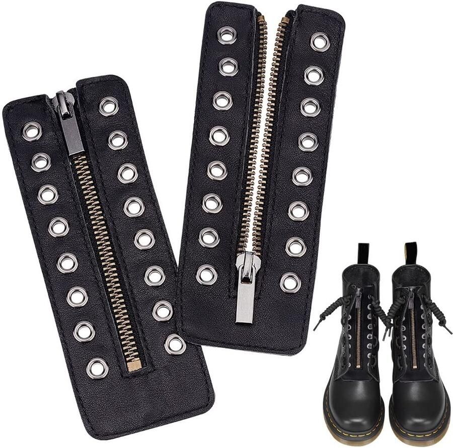 VT Goods Leren veterschoen met rits inzetstukken 8-oogjes rits Zwart PU-leer Ideaal voor laarsjes 16.5x6x