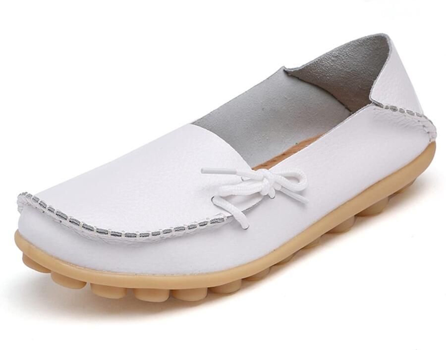 Allecto Lederen Mocassins Casual Loafers Comfortabele Slip-On Schoenen Wit Platte Boot Schoenen Casual Stijl Geschikt voor Dames Ma